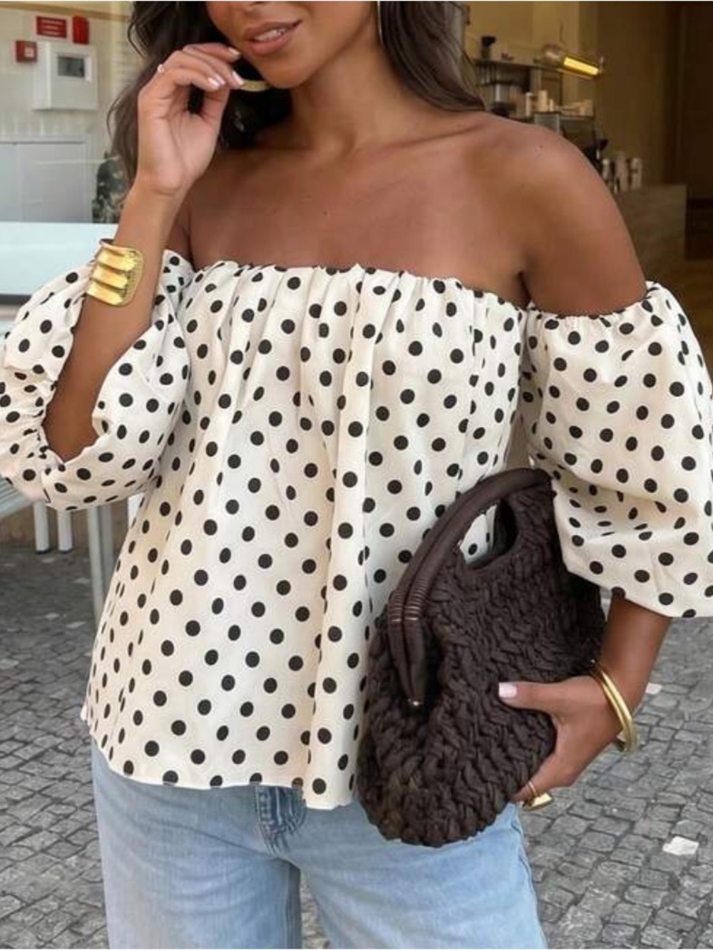 Off-Shoulder Polka Dot Blouse - White/Black